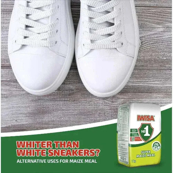 IWISA Maize Meal 2.5kg package with white sneakers background, highlighting its purity and versatility. South African Shop.