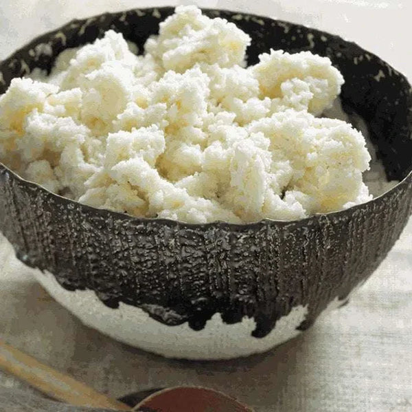 Bowl of traditional South African maize meal pap, white and fluffy, served in a textured black and white bowl