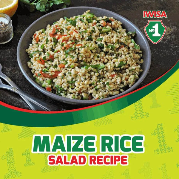 Bowl of Iwisa Maize Rice salad with vegetables and herbs.