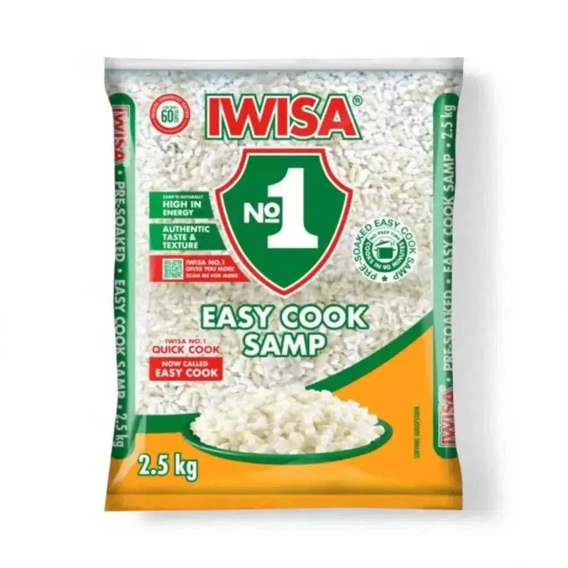Iwisa Samp Easy Cook 2.5kg pack of quick-cooking dried maize kernels, South African staple for stews, sides, or porridge