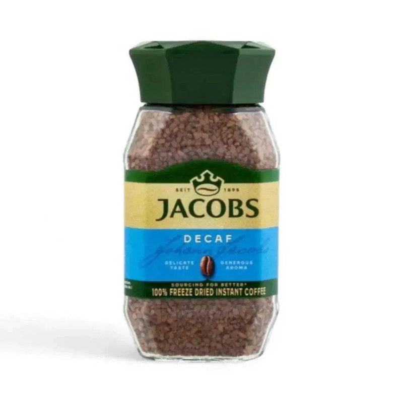 Jacobs Kronung Decaf Instant Coffee 200g jar with freeze-dried granules and caffeine-free rich flavor