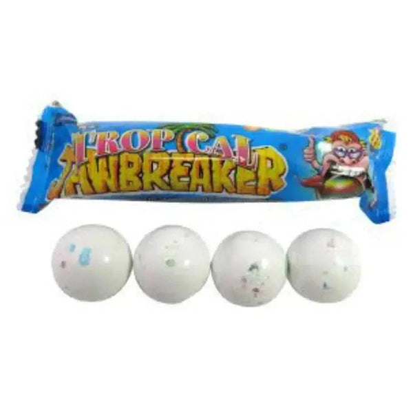 Five colorful tropical jawbreaker candies with bubblegum centers isolated on white background
