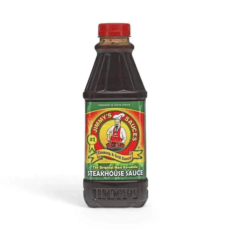 Jimmy's Sauce Steakhouse 750ml bottle with rich, smoky South African steakhouse flavor for grilling and cooking