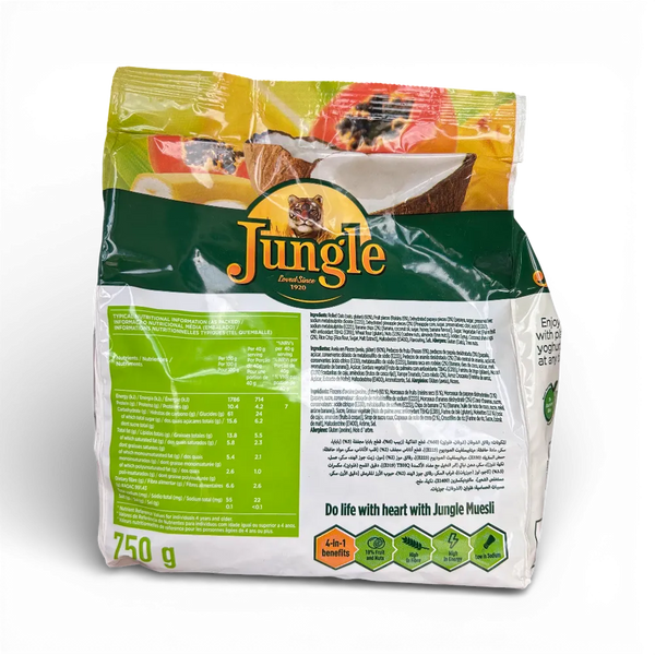 Jungle Muesli Tropical 750g pack with nuts, dried fruits, and seeds for healthy breakfast