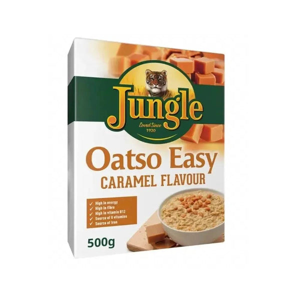 Jungle Oatso Easy Caramel 500g resealable instant oatmeal pack with whole grain oats and caramel flavor