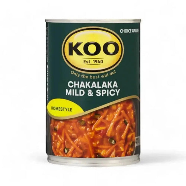 KOO Chakalaka 410g can with mild and spicy South African vegetable relish for braai, snacks, and meals