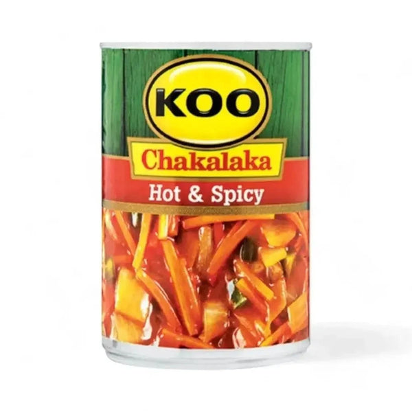 KOO Hot & Spicy Chakalaka 410g can with spicy vegetable relish for braai and traditional South African dishes