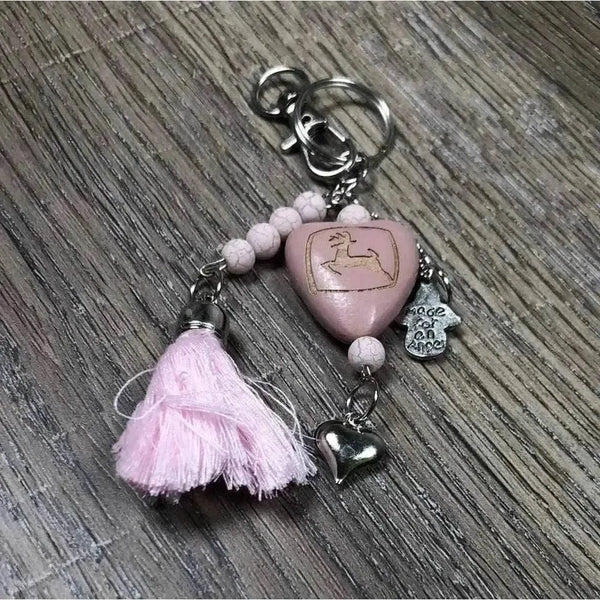 Pink small heart key tag handbag tag with John Deere logo and pink tassel