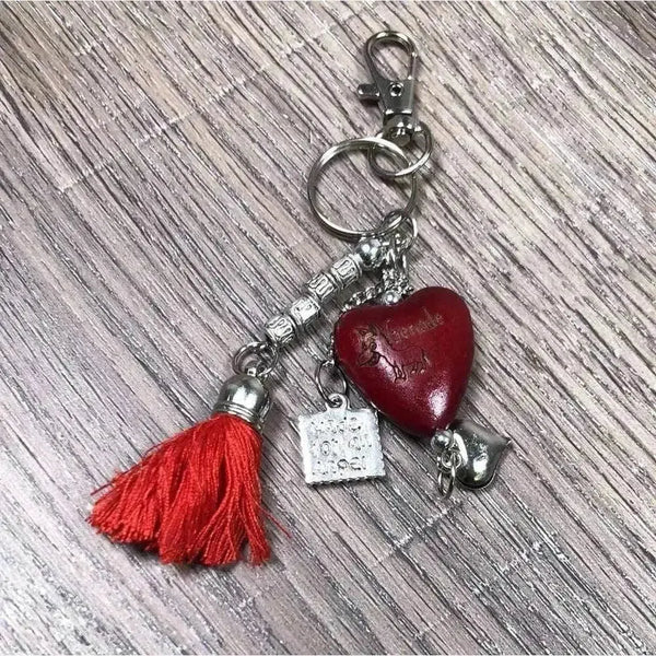 Red heart key tag handbag tag with donkey and "Genade" text and red tassel