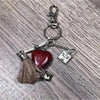Red heart key tag handbag tag with brown tassel and John Deere Meisie text