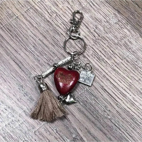 Red heart key tag handbag tag with brown tassel and John Deere Meisie text