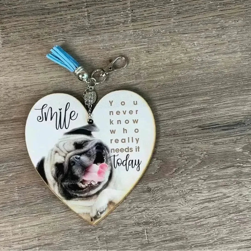 Wooden heart key tag with smile verse and blue tassel 10cm