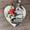Wooden heart key tag with bird cage laser cut design, 75mm size