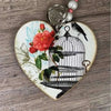 Wooden heart key tag with bird cage laser cut design, 75mm size