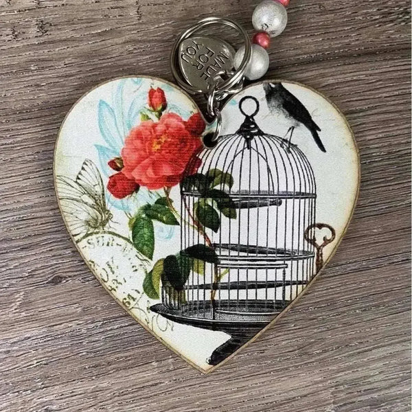 Wooden heart key tag with bird cage laser cut design, 75mm size