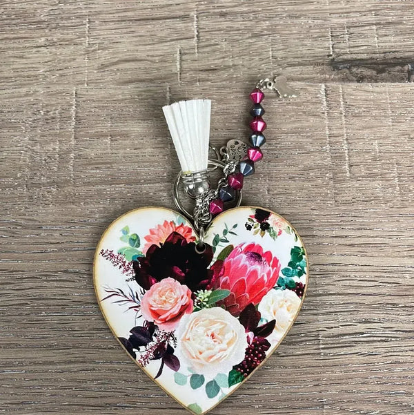 Key Tag - Wooden Heart with Multicolour Proteas - Something From Home - South African Shop