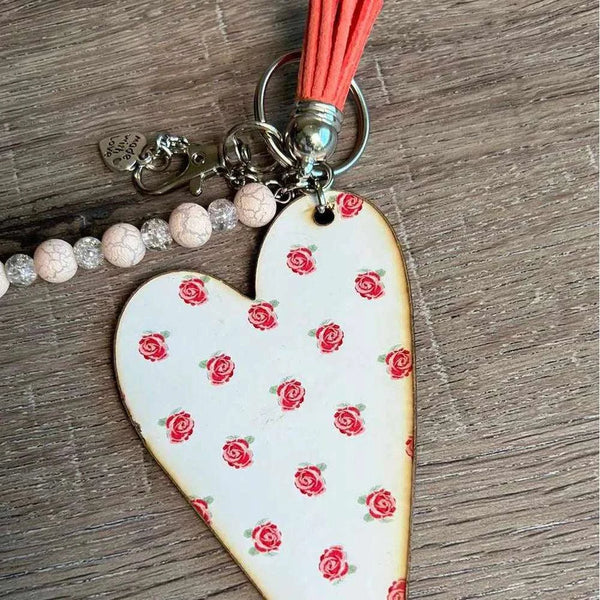 Key Tag - Wooden Heart With Pink Roses - Something From Home - South African Shop