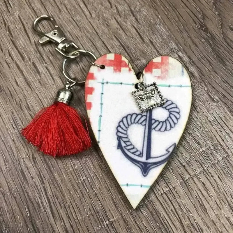Wooden keyring heart with anchor design, 70mm size, also usable as handbag charm