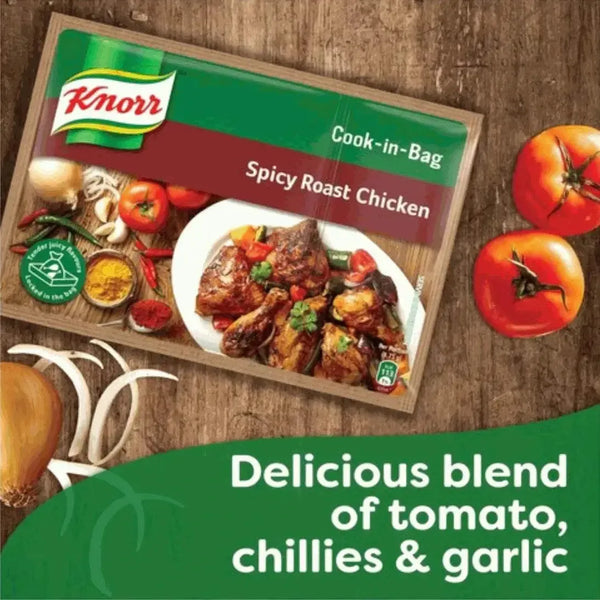 Knorr Cook-in-Bag Spicy Roast Chicken with garlic and tomato blend on wooden table.