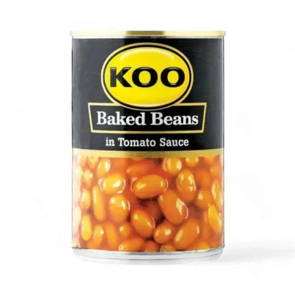 Koo Baked Beans in Tomato Sauce 410g can with cooked beans displayed