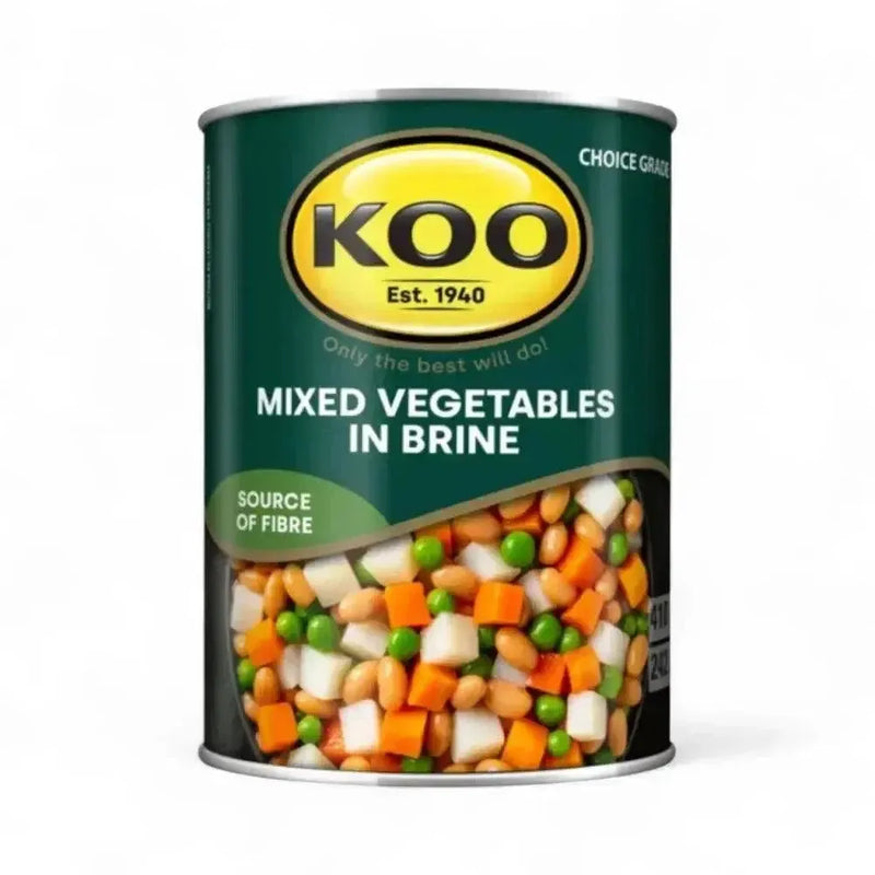 Koo Mixed Vegetables in Brine can - 410g with peas, carrots, and beans.