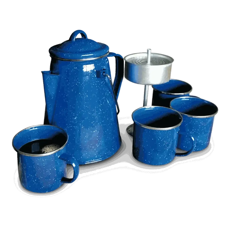 LK Coffee Percolator Set with 2L pot, percolator, and 4 enamel camping cups