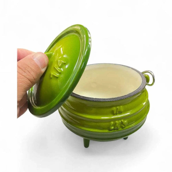 Traditional 3-Legged Cast Iron Pot in green, 0.7L capacity, with lid and handle, perfect for outdoor cooking.