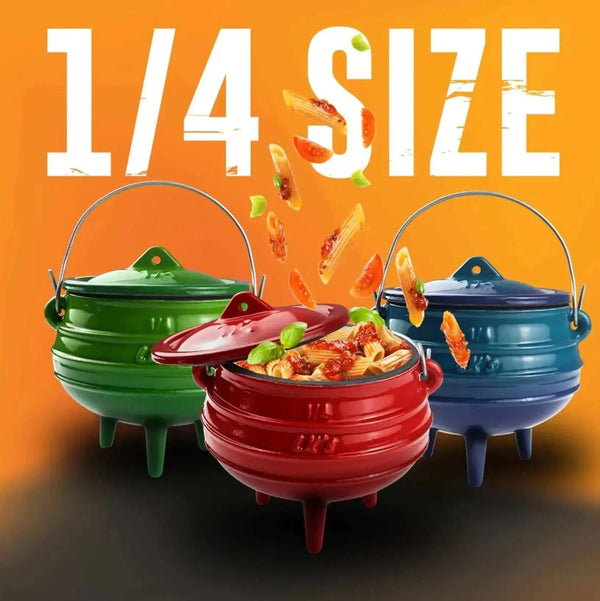 Traditional 3-Legged Cast Iron Pot with red enamel, 0.7L capacity, and robust design for outdoor cooking.
