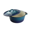 Blue enamel LK Flat Potjie Bake Pot 5L with lid and carry handle made from cast iron