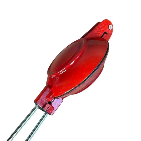 Red enamel LK Jaffle Iron with non-heat handles, aluminium body, and 120mm diameter, made in South Africa