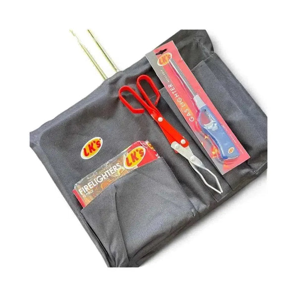 LK's Mild Steel Grid Braai set with canvas bag, firelighters, tongs, and gas lighter for outdoor grilling