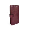 Large maroon PU leather wallet with bronze metal windmill, zipper compartment, cardholders, and clip closure