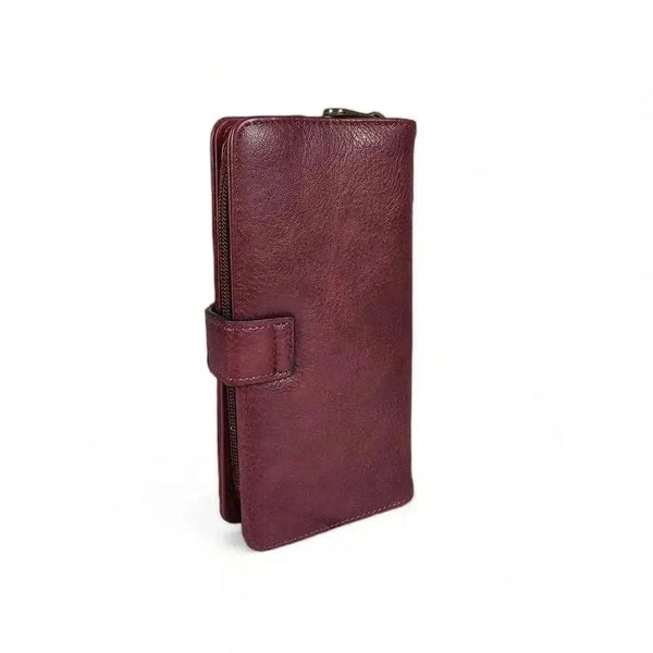 Large maroon PU leather wallet with bronze metal windmill, zipper compartment, cardholders, and clip closure