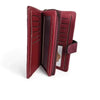 Large maroon wallet made of PU leather with bronze windmill detail and zip compartment