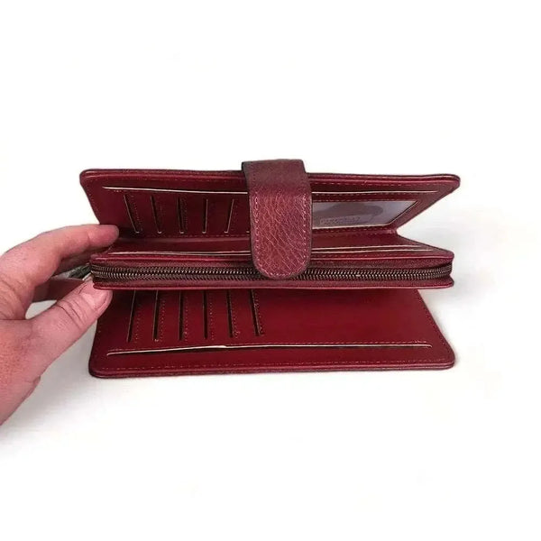 Large maroon wallet in PU leather with bronze metal windmill and clip closure