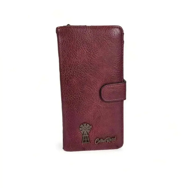 Large maroon PU leather wallet with bronze windmill logo and zip compartment