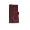 Large maroon wallet with bronze metal windmill, zip compartment, cardholders, and clip closure in PU leather