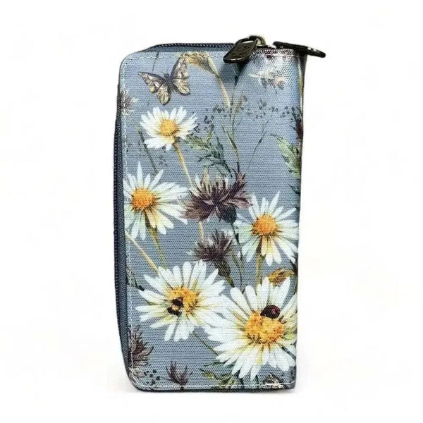 Large grey PVC wallet with daisy print and double zip compartments