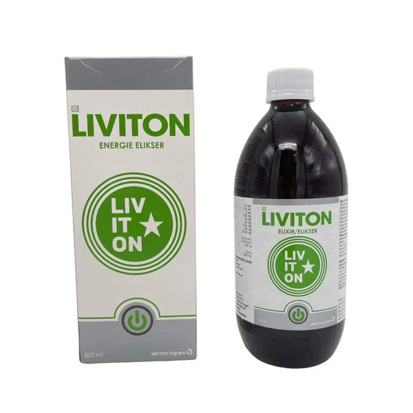 Liviton Energy Elixir 500ml bottle and packaging with green logo and text for fatigue relief and energy boost