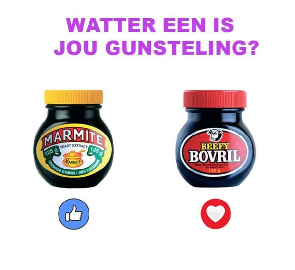 Marmite yeast extract 125g jar with yellow lid next to Bovril jar with red lid