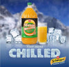 Mazoe Orange Crush 2 Litre bottle with glass, surrounded by ice cubes, perfect for chilling.