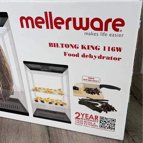 Mellerware Biltong King 116W food dehydrator with hanging rods and drying shelves for making biltong and dried fruit