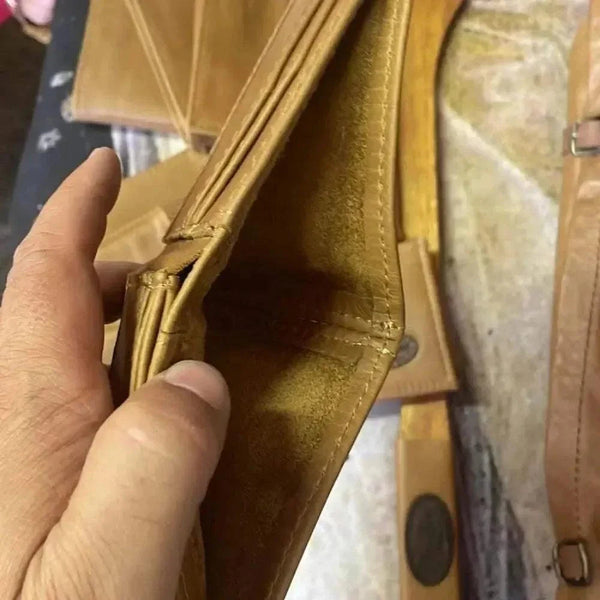 Light brown genuine leather mens wallet with middle fold and card slots