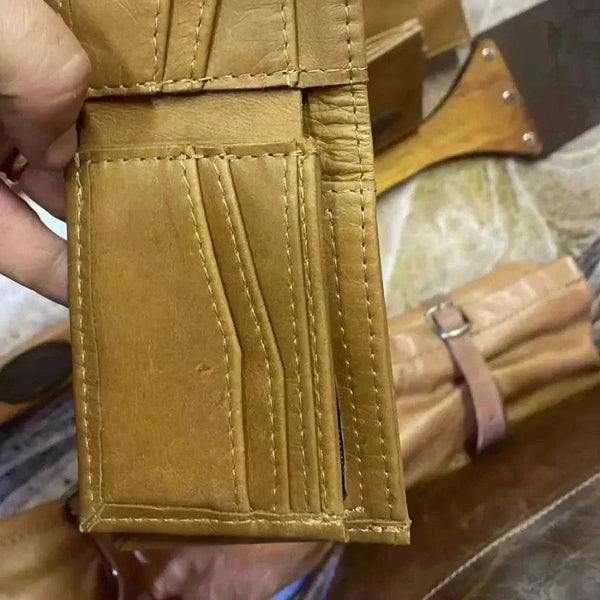 Mens wallet light brown genuine leather middle fold with card slots and note section