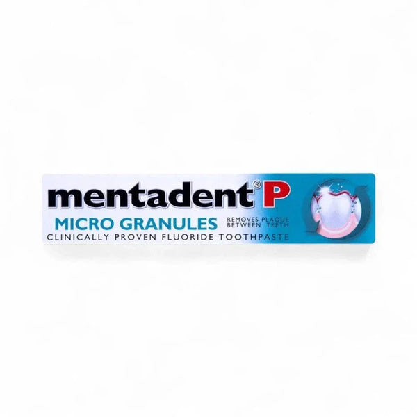 Mentadent P Toothpaste Microgranules, 100ml tube, plaque removal, oral hygiene.