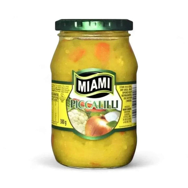 Miami Piccalilli Relish 380g jar with chunky vegetables in tangy mustard sauce, South African condiment.