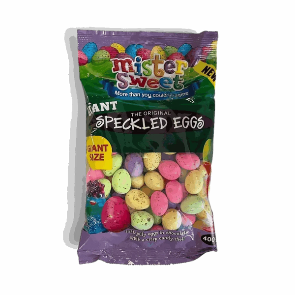 Mister Sweet's Speckled Eggs 400g pack with chocolate and peanut butter speckled eggs