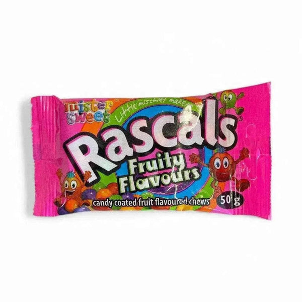Mr Sweet Rascals Fruity 50g candy-coated fruit-flavored chewy sweets in colorful packaging