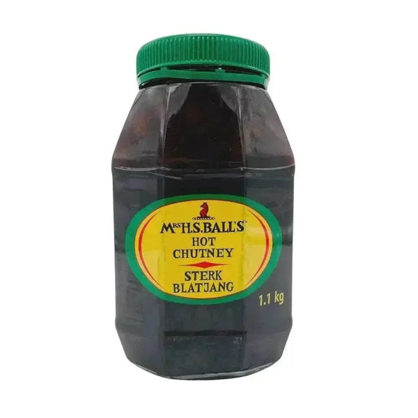 Mrs Balls Hot Chutney 1.1kg jar with rich, sweet, and spicy South African flavor