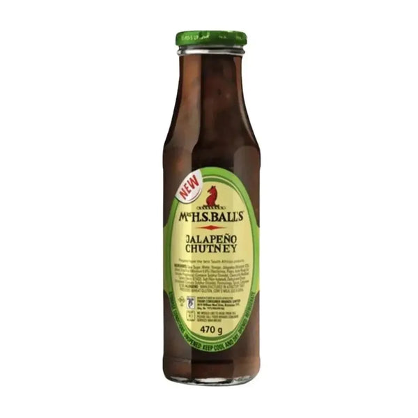 Bottle of Mrs Balls Sauce Jalapeno 470g with spicy South African flavor